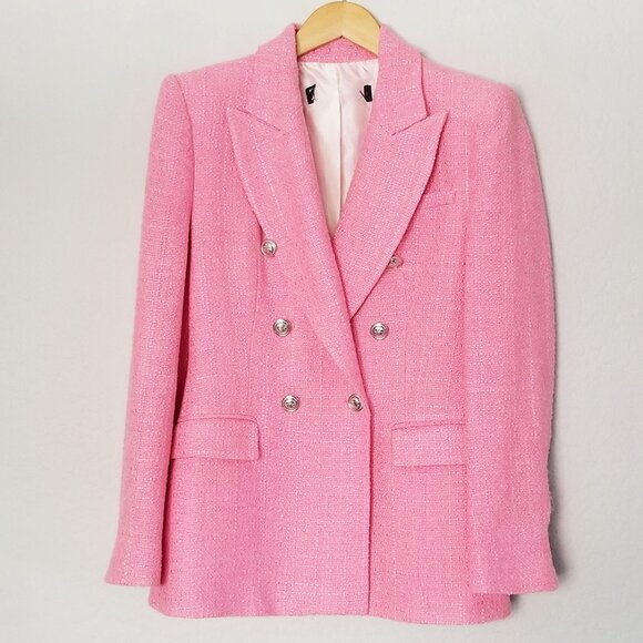 Zara Pink Tweed Textured Double Breasted Blazer Jacket Size S 7553/687 Barbie - Picture 6 of 16